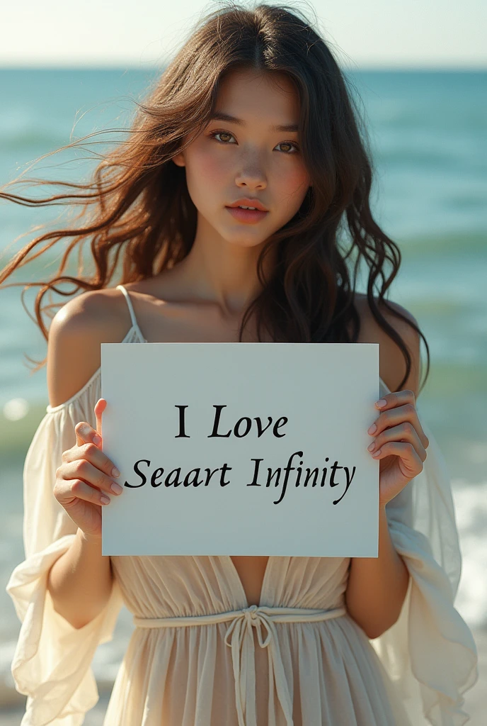 Beautiful girl with wavy long hair, bohemian dress, holding a white board with text "I Love Seaart Infinity" and showing it to the viewer