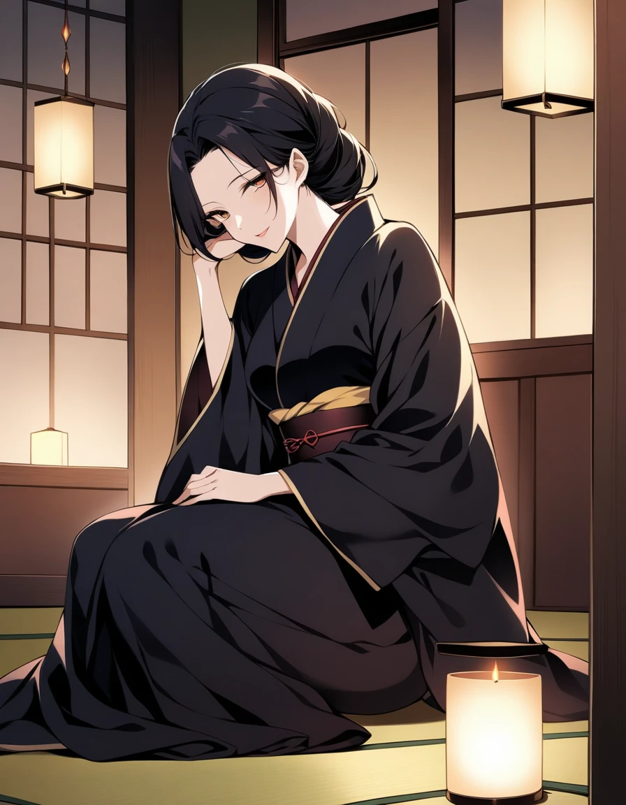 In a dimly lit, intricately patterned tatami room, a 35-year-old mature widow sits serenely, her enigmatic beauty radiating from beneath the folds of a lustrous black kimono. The soft glow of candles and lanterns casts an air of mystique, highlighting the subtle curves of her face as she gazes into the distance., (An evil seductive smile on the other side of the Japanese-style bedroom with the sliding doors open., A 35-year-old mature widow with a mysterious beauty wearing a seductive black kimono looks at me while doing so.),
