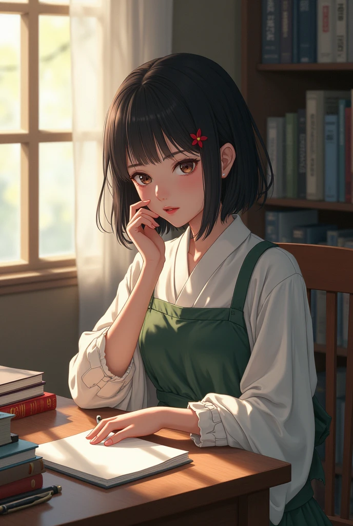 Beautiful Japanese girl sitting on the study table