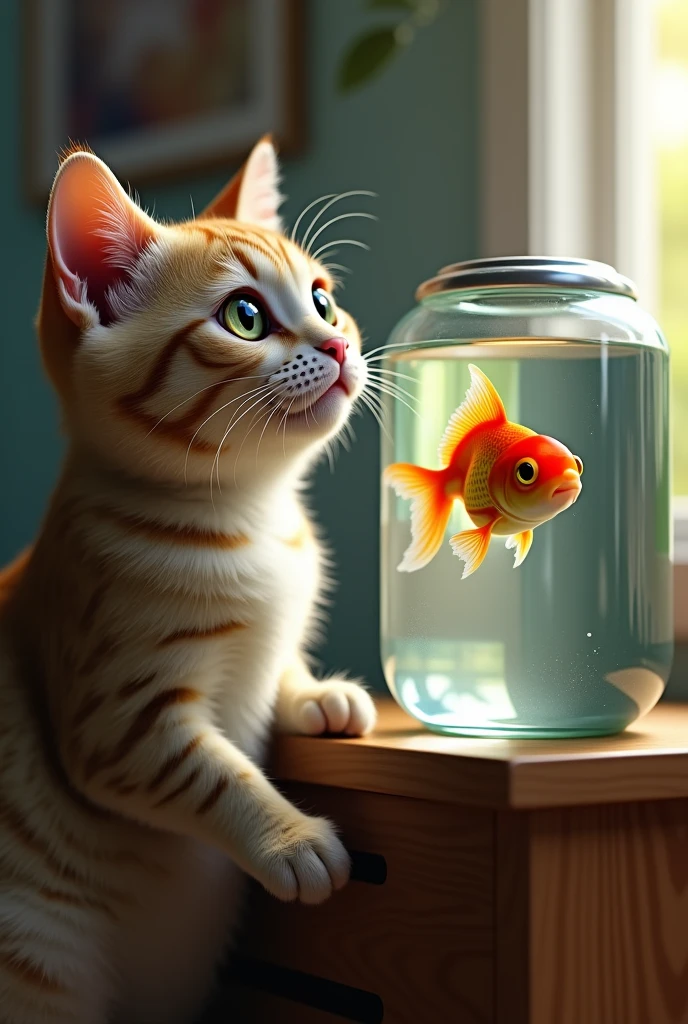 Cat staring at goldfish