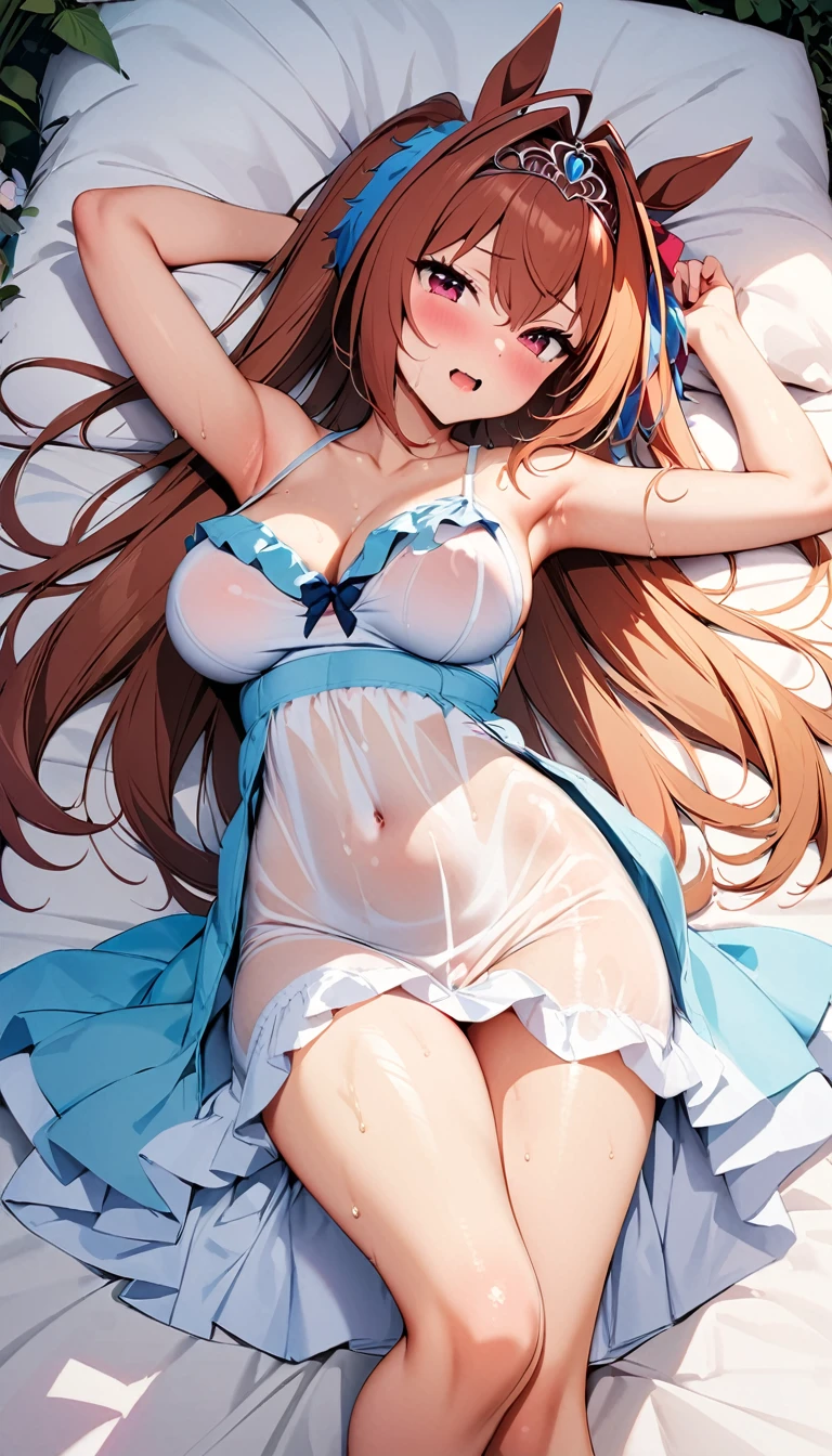 [One girl, Daiwa Scarlet \(umamusume\), umamusume]nsfw,masterpiece,best quality,high resolution,wet,dakimakura,sundress,clothed,(((see through)))