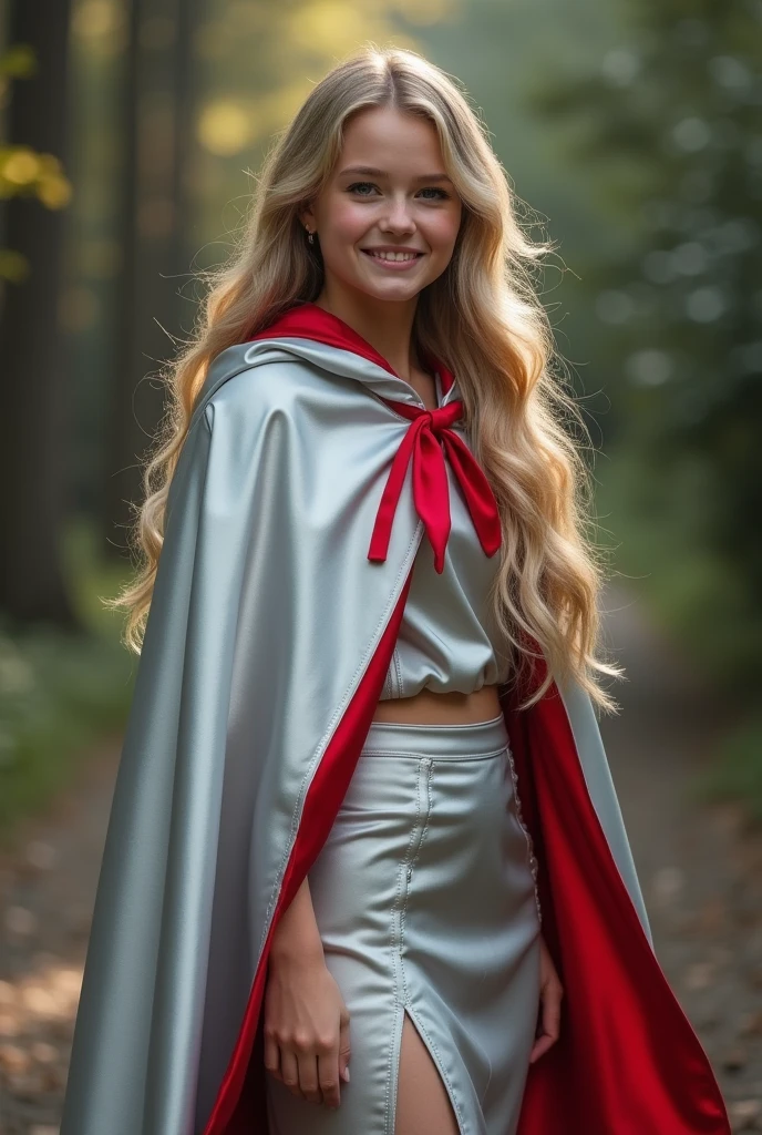 (RAW photo) , 1girl, cute, 20 years old, long blonde hair , smiling, look at viewer, ((((silver and red lined satin cape tied at the neck)))+++, side spilt skirt , photo, realistic, best quality, hires, detailed face, detailed background, diffused lighting, depth of field, bokeh