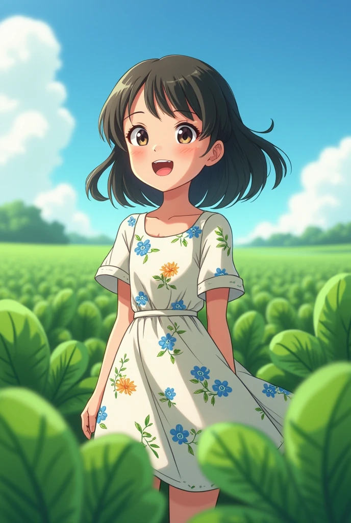 A 25-year-old girl,Wearing a white floral dress,Looking at the fields full of water spinach,Happy smile,Show your teeth,Anime style,Pixar style