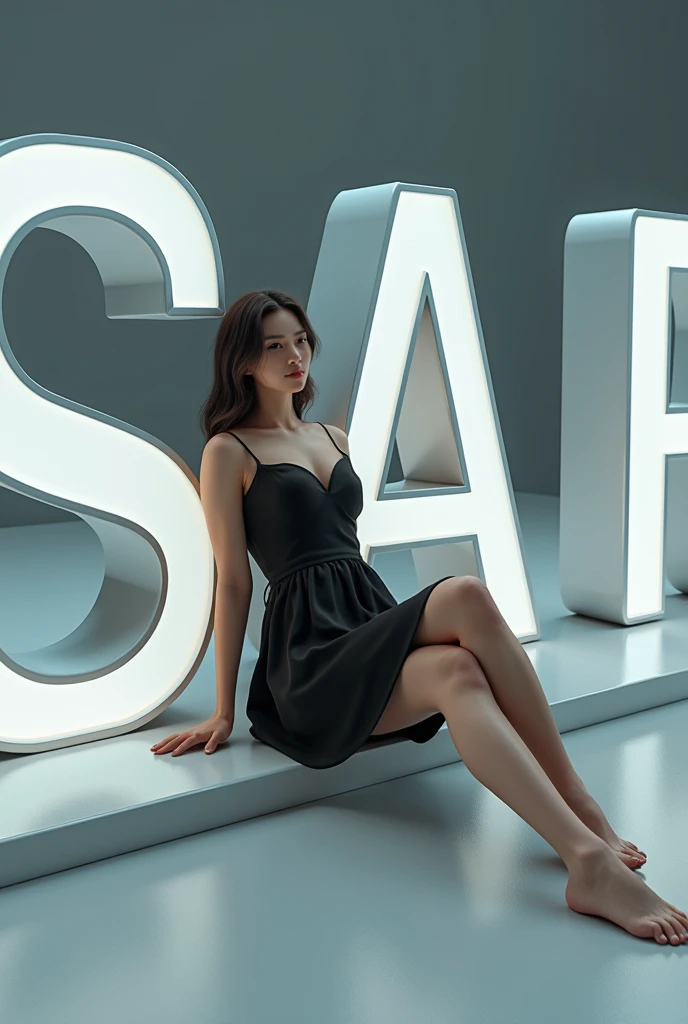 Create a 3d scene with smart graphic and beautiful girl sitting casually back on the SA RU name in large 3d text black dress in trendy casual