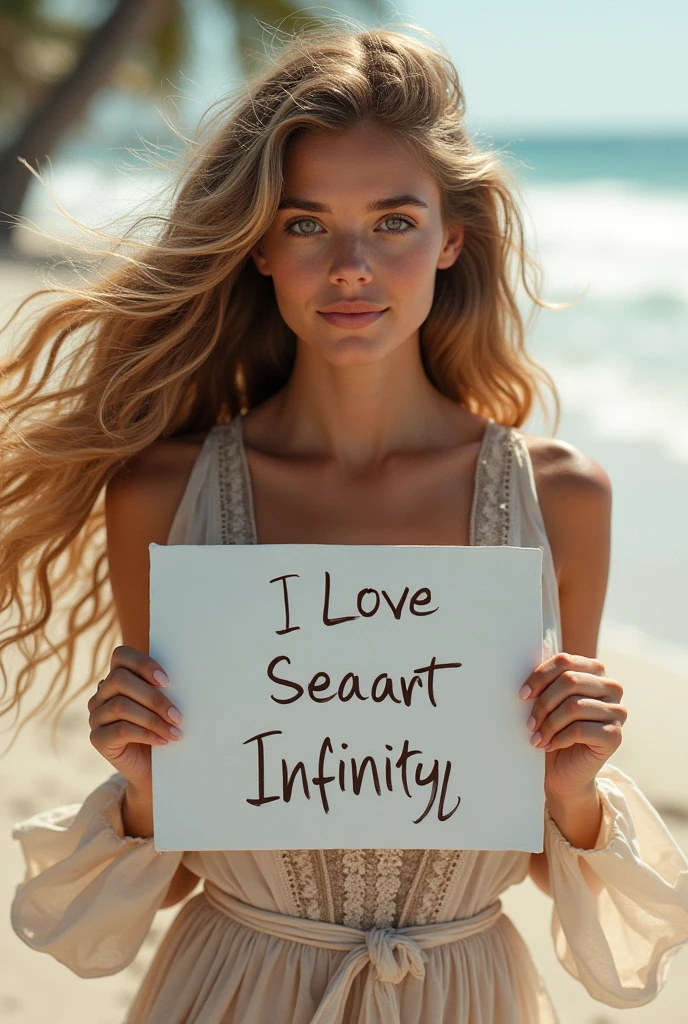 Beautiful girl with wavy long hair, bohemian dress, holding a white board with text "I Love Seaart Infinity" and showing it to the viewer