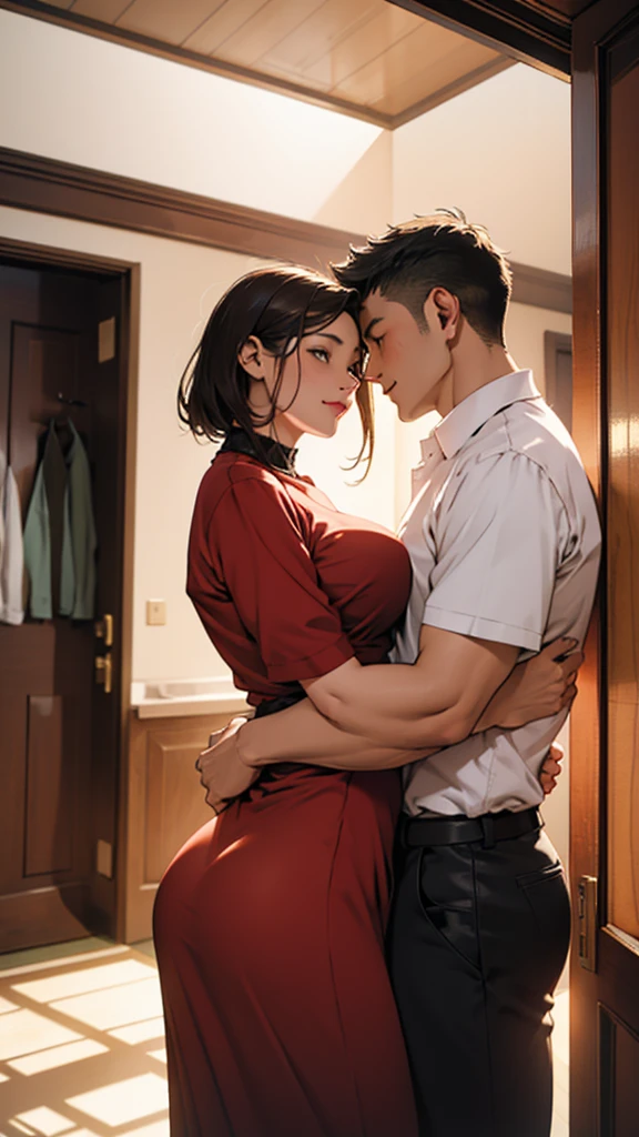 A young couple is romancing inside a vintage house. The woman is semi-clothed and has big hips. It is evening.