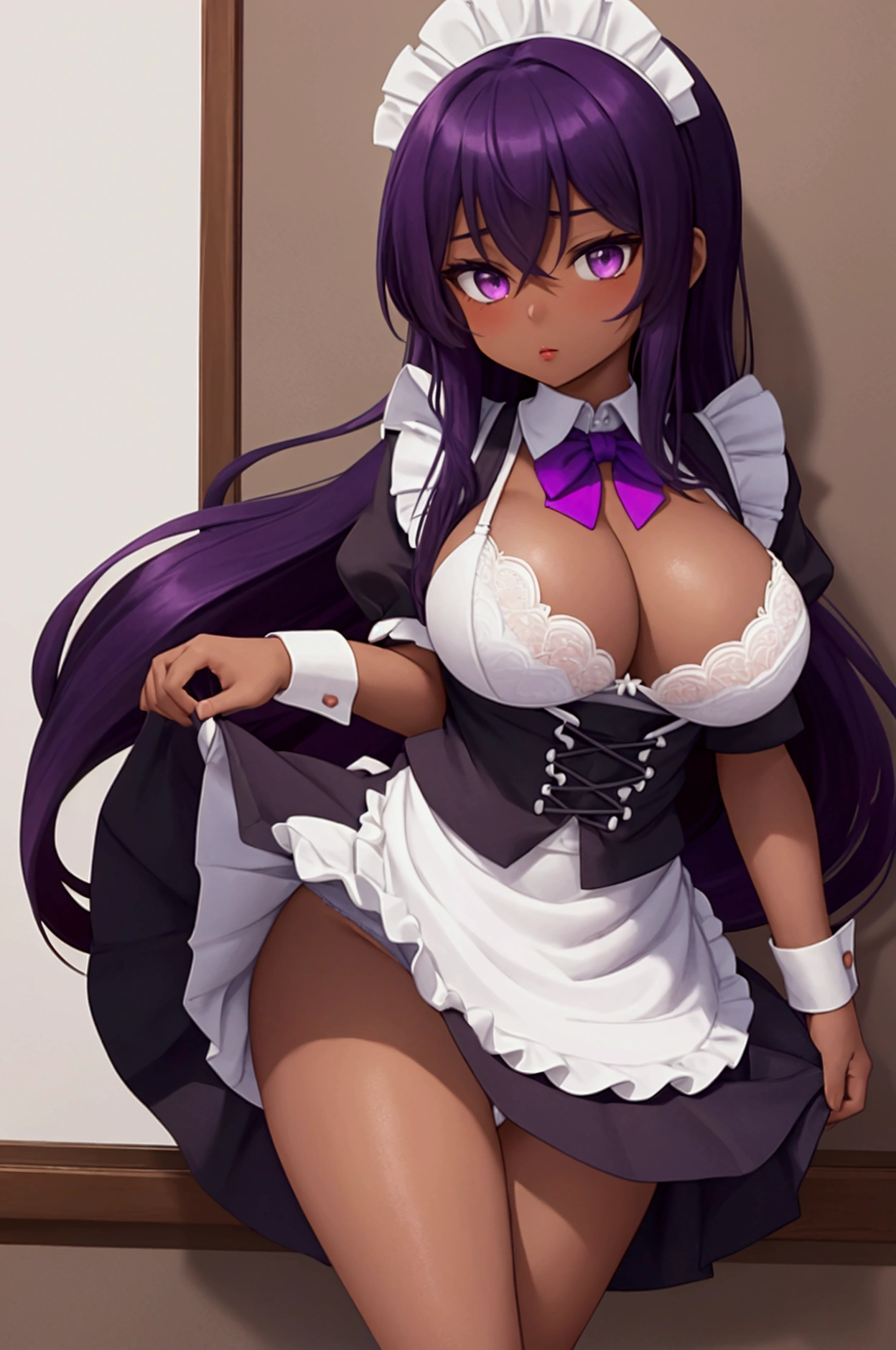 (isade), (1 girl),(Girl1 ),(super sexy mature body of 20 years old),(lolipearance),(pretty), (super hot), (dark skin), (long dark purple hair and dark purple eyes), (The gigantic breasts with the bust of 387.6cm in length), (Height 1.52),(beautiful young woman),(super beautiful 18 year old teenagerwearing),+,(\dressed as a maid, and maid clothes and super revealing on the back, I lowered the short skirt a lot, showing my legs, and a little of my panties, and the part of the apron at the back of the skirt is very low, showing her delicious buttocks, and over the maid uniform it looks like a very short and sensual bra, and she has a big ass and super big breasts, she is super busty and has very big buttocks)/