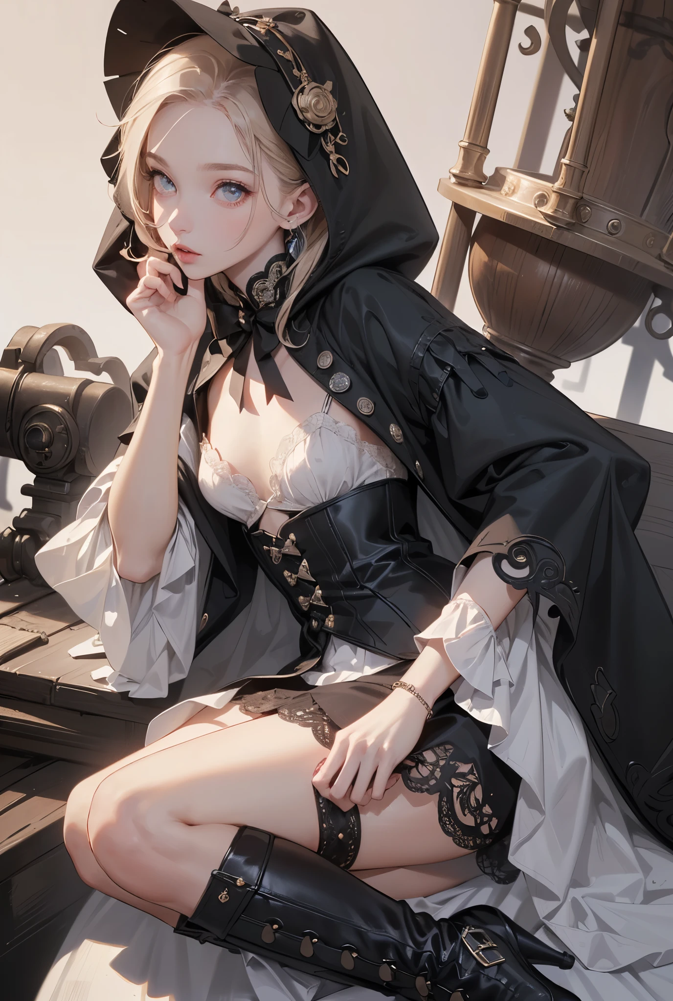 (((masterpiece, of the highest quality, super detailed))), (a witch belonging to an occult order of knights), (a knight crossed with a witch), Victorian era inspired, ((minimal but intricate beautiful armour)), Fluttering lace flared dress with frilly petticoats, ((nier automata meets bloodbourne)), ((((Highly detailed face))),  (big forhead:1.2), (((Very sharp focused eyes))), very long eyelashes, small breasts, (((flat chest:1.1))), occult aesthetic, (red and white clothing detailed and intricate steampunk and detailed gothic), (with a hood), complex lace boots,