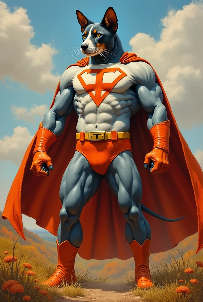 Marvel movie poster oil painting of a Bluetick Coonhound cat as a massive muscular superhero wearing an orange and white superhero costume with a stylized "T" logo on his chest, heroic pose, cape, Tennessee autumn hills background, in the style of a Frazetta oil painting