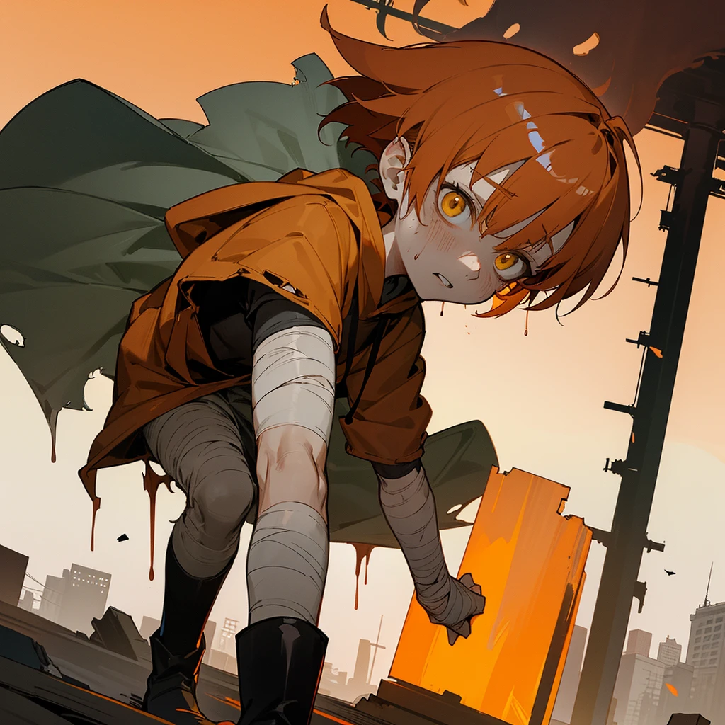 anime boy, short boy, , orange hair, yellow eyes small, cute, short hair, boy, small, long sleeve, hair with bangs, dark colors, opaque, zombie, torn clothes, destroged city, red sky,
(I'm Elliot, a short ginger zombie boy with 5'3)
(Using an oversized dirty and torn yellow hoodie, black short and boots, the skin is zombie-like, he has a lot of bandages, blood on the clothes, grayish/greenish skin