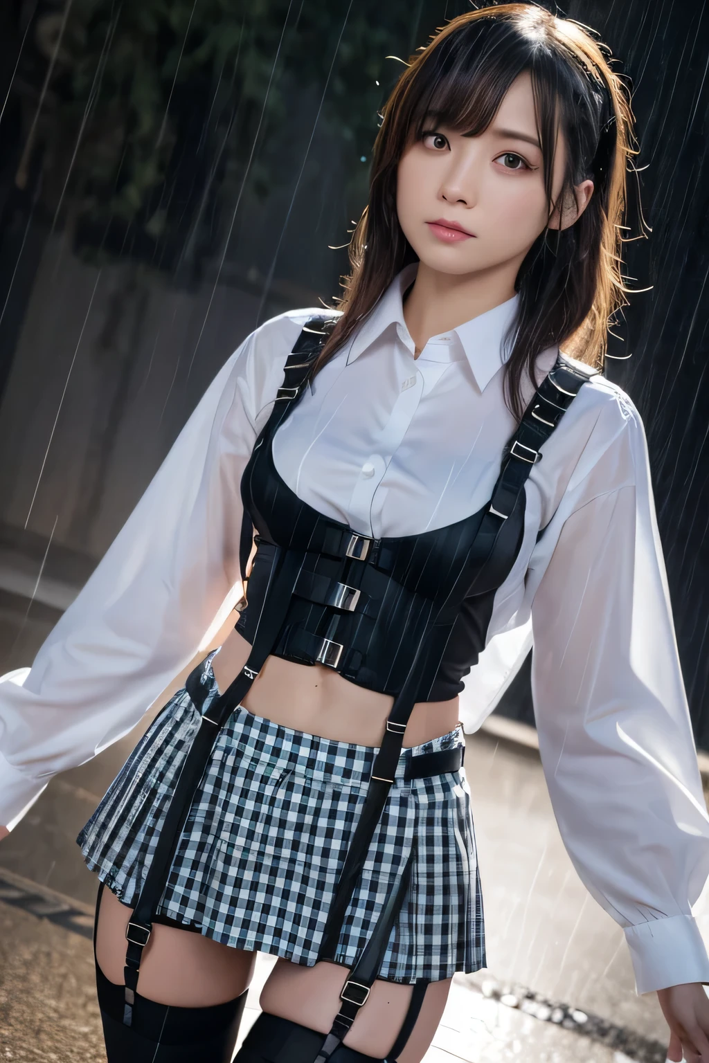 1 female, , high quality, masterpiece, Ultra-high resolution, Cinema Lighting, 1 female, , high quality, masterpiece, Ultra-high resolution, , Cinema Lighting, suspenders　　　Moderate breasts　 　 　　　　　 　　　　Small face　 　　　　　　　　　　　Looking up　　　　Sweat 　　　Thin belt　buzzer　脇Sweat 　　　　 　Garter belt　　Belt on pants　　holster　 　　Hands behind your back　 　Looking up　Anxious face　Knee-high　Knee socks　Knee-highソックス 　garter　ふとももにGarter belt　Checkered mini skirt　 　　Panty shot　Skirt gap Armament　　　holster　holster 　　Hands behind your back　 Anxious expression　　Anxious face, legs apart　Armament　　Leg holster　holster　See-through clothing　heavy rain　Rain-soaked dress shirt,

