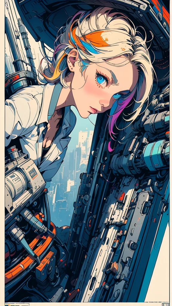 (((masterpiece, highest quality))),(((solo:1.2))),(((1girl:1.2))),32k wallpaper, very detailed, poster, vintage science fiction,(((((geometric cinematic movie poster))))), (bauhaus), shape,(((abstract))),(mid century modern),movie poster,(((((portfolio))))),(((((Close-up))))),(((((bust up))))),((((more various angle)))),(((highlight))),Vast landscape,((((heterochromia)))),(((complete. detailed face))),(((Extremely talented))),(((most complecated machine))),Colorful color scheme,(Cleavage),(((unlimited mechanic Workaholic)))