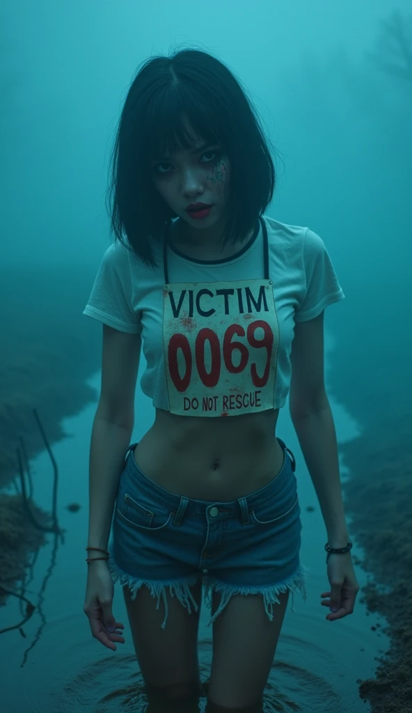 woman, bib "VICTIM 0069 DO NOT RESCUE", denim cut-off skirt, nylon stockings, sport compression t-shirt, stuck in mud bog,pale ethnic patterns ritual makeup, cold, red lips, sexy posing, bob haircut, red fog, posing, dynamic, sexy despair