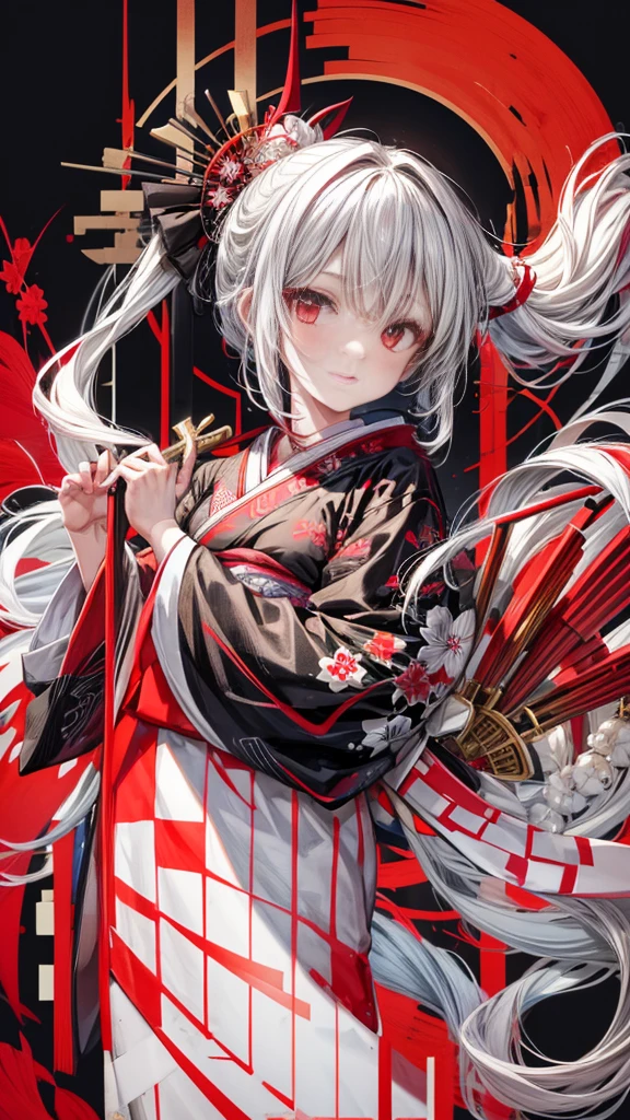 Girl in kimono standing with Japan sword, White medium hair, Red Eyes, Red lips, Kimono with red cluster amaryllis pattern isolated on black background, Red splash pattern on black background, ultra-quality, Superfine Detail, Ultra-fine kimono pattern