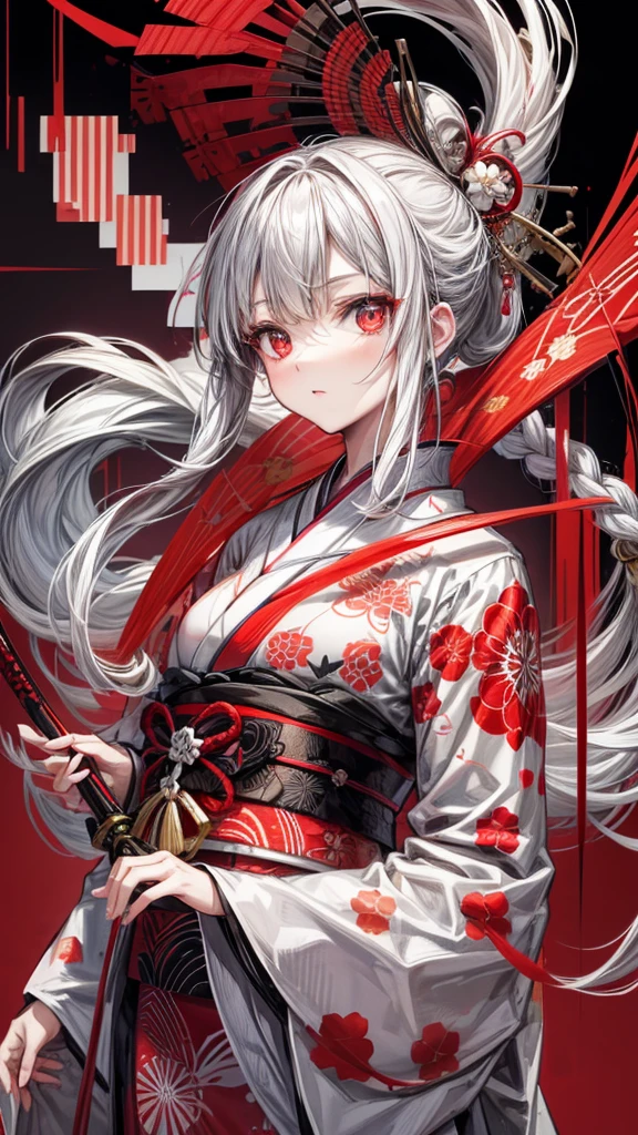 Girl in kimono standing with Japan sword, White medium hair, Red Eyes, Red lips, Kimono with red cluster amaryllis pattern isolated on black background, Red splash pattern on black background, ultra-quality, Superfine Detail, Ultra-fine kimono pattern