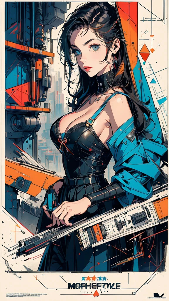 (((masterpiece, highest quality))),(((solo:1.2))),(((1girl:1.2))),32k wallpaper, very detailed, poster, vintage science fiction,(((((geometric cinematic movie poster))))), (bauhaus), shape,(((abstract))),(mid century modern),movie poster,(((((portfolio))))),(((((Close-up))))),(((((bust up))))),((((more various angle)))),(((highlight))),Vast landscape,((((heterochromia)))),(((complete. detailed face))),(((Extremely talented))),(((most complecated machine))),Colorful color scheme,(Cleavage),(((unlimited mechanic Workaholic)))