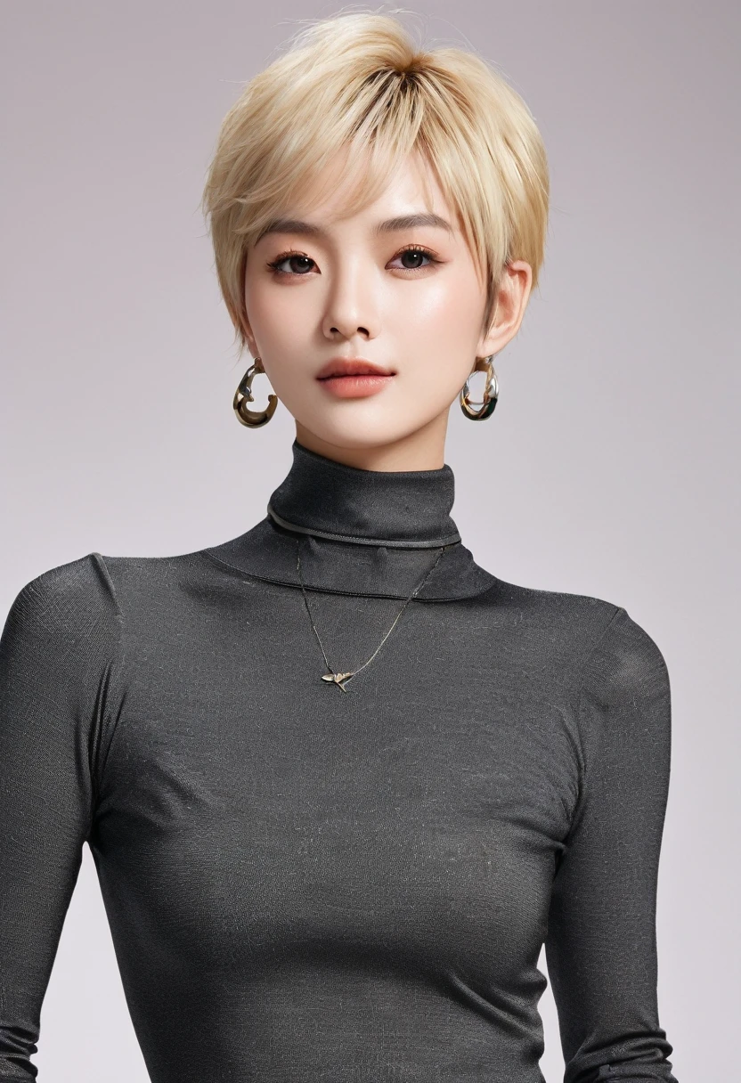 (Highest quality、4K、8k、High resolution、masterpiece:1.2)、Very detailed、(Genuine、Realistic、Realistic:1.3)、blonde、Pixie Cut、Black choker、Soft, widely spaced breasts、((Completely naked))、(Leaning forward)、