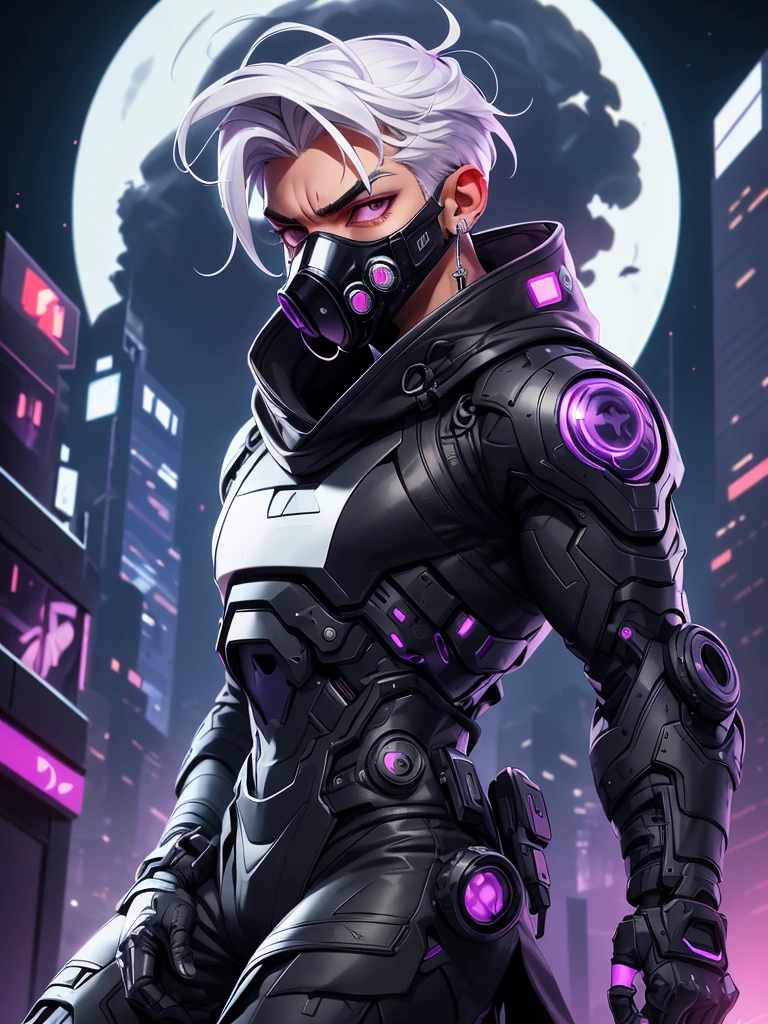 spy boy with purple eyes, wearing all black clothing, wearing a cybernetic gas mask that covers his entire face, with white hair, with silver hoop earrings in his ear, alone on top of a building with the moon in the background