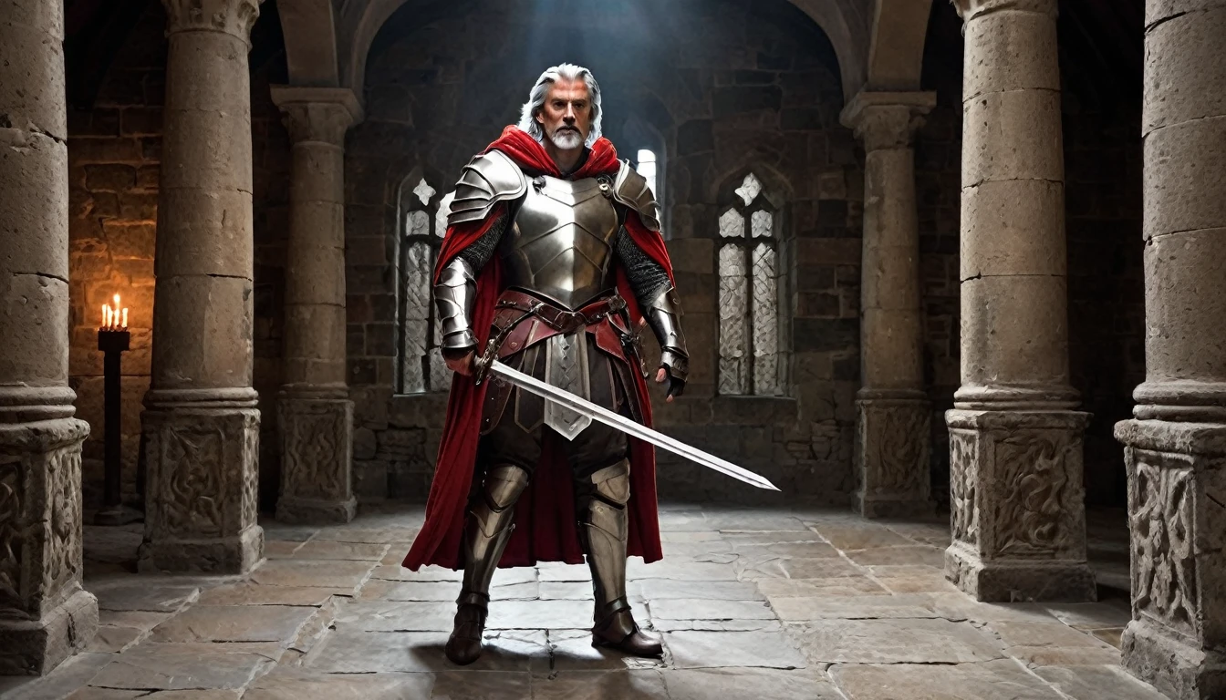 masterpiece, Inside a stone building, Stone slabs scattered on the floor, A muscular man in armor walking towards the front, dim, Gray Hair, Candles along the walls light up the room., Holding a large twisted rapier in his hand, Wearing a tarnished red cloak, He wears a dull red loincloth under his armor., Wearing silver-adorned armor, He wears white decorated metal on his shoulders.、Dark orange fur underneath the metal