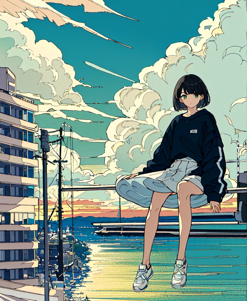 masterpiece, Intricate details,Highest quality, One girl, alone, handrail, cloud, Sitting, Outdoor, whale, short hair, shoes, null, Long sleeve, sneakers, Power lines, White footwear, Black Hair, View your viewers, Electric pole, bangs, cloudy null, fish, bird, Green Eyes, Shorts, animal, Day, Black Shirt, barefoot