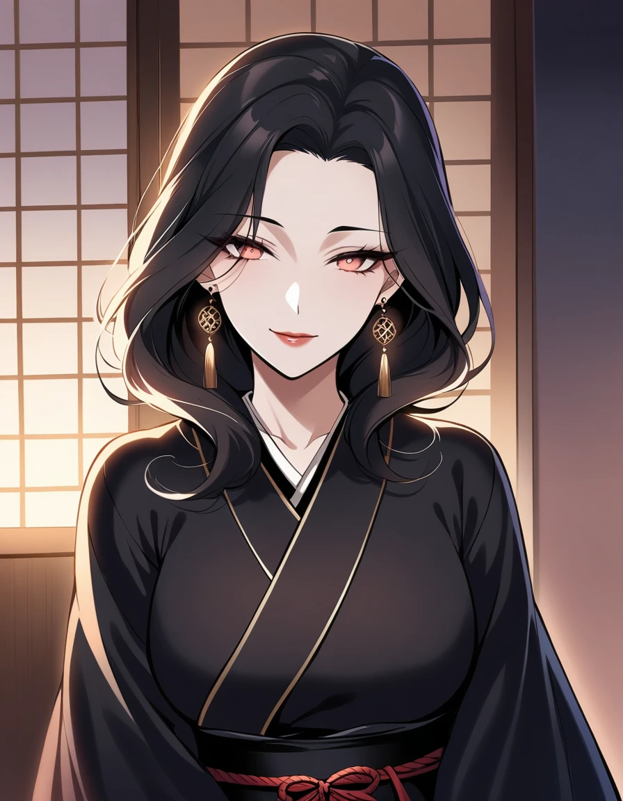 A close-up shot of the widow's enigmatic face, illuminated by a single flickering candle's soft glow. Her piercing gaze, like a serpent's whisper, seems to weave a web of deceit. The glossy black kimono clings to her curves, accentuating the wickedness that simmers beneath her surface. Her full lips curl into a sly smile, as if she holds a dark secret.
,(An evil seductive smile on the other side of the Japanese-style bedroom with the sliding doors open., A 35-year-old mature widow with a mysterious beauty wearing a seductive black kimono looks at me while doing so.),