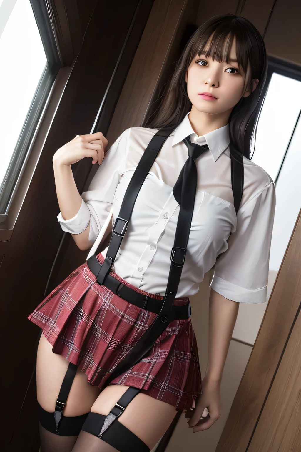 1 female, , high quality, masterpiece, Ultra-high resolution, Cinema Lighting, 1 female, , high quality, masterpiece, Ultra-high resolution, , Cinema Lighting, suspenders　　　Moderate breasts　 　 　　　　　 　　　　Small face　 　　　　　　　　　　　Looking up　　　　Sweat 　　　Thin belt　buzzer　脇Sweat 　　　　 　Garter belt　　Belt on pants　　holster　 　　Hands behind your back　 　Looking up　Anxious face　Knee-high　Knee socks　Knee-highソックス 　garter　ふとももにGarter belt　Checkered mini skirt　 　　Panty shot　Skirt gap Armament　　　holster　holster 　　Hands behind your back　 Anxious expression　　Anxious face, legs apart　Armament　　Leg holster　holster　See-through clothing　heavy rain　Rain-soaked dress shirt,
