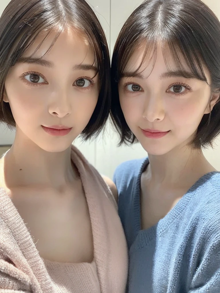 (masterpiece:1.3), (8k, Photoreal, Raw photo, best image quality: 1.4), Japanese high school girl、(random hairstyle:1.2)、cleavage:1.5、super detail face、eye for details、double eyelid、chest to chest、sharp focus:1.2、Beautiful woman:1.4、light brown hair、highest quality、masterpiece、超A high resolution、(Photoreal:1.4)、Highly detailed and professionally lit smiles、loose and light knitwear、shoulder out、thin、serious expression、short haired、deadly position
similar identical twins
All the girls have the exact same face, The two have the same face and figure, as if they were mirror images.
