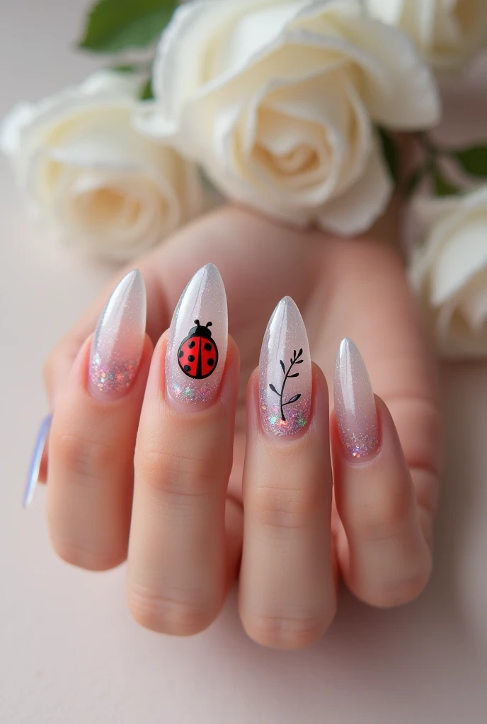 An aesthetic almond tip nail art with ladybug and plant pattern in soft color and the nail color is transparant with galaxy theme.