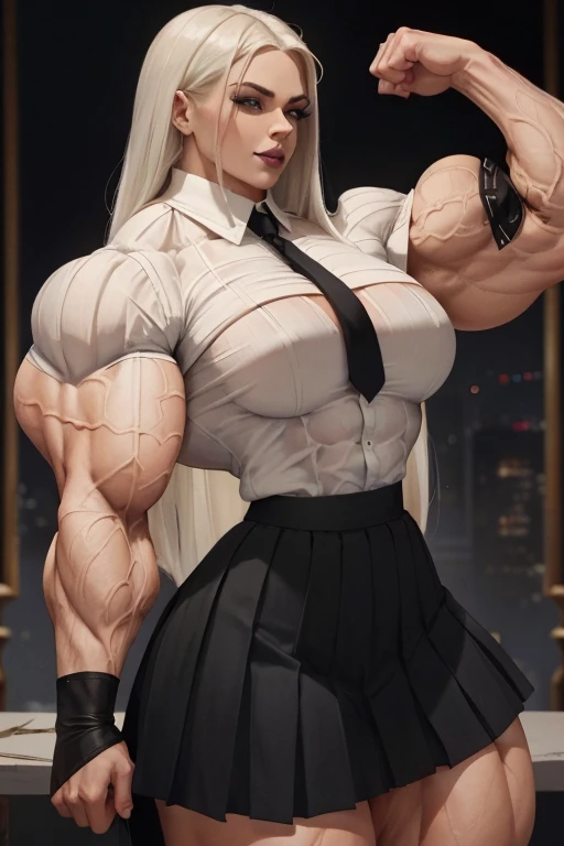 ((Close-up)), tall, (White hair) beautiful muscular woman, long straight hair, light brown skinned, closed smile, (black lipstick), (massive muscles), (hyper muscle), (ginormous bulky muscles), blue eyes, (((white pleated shirt))), ((long black pleated skirt)), (flexing biceps), necktie, boots, on a skyscraper,