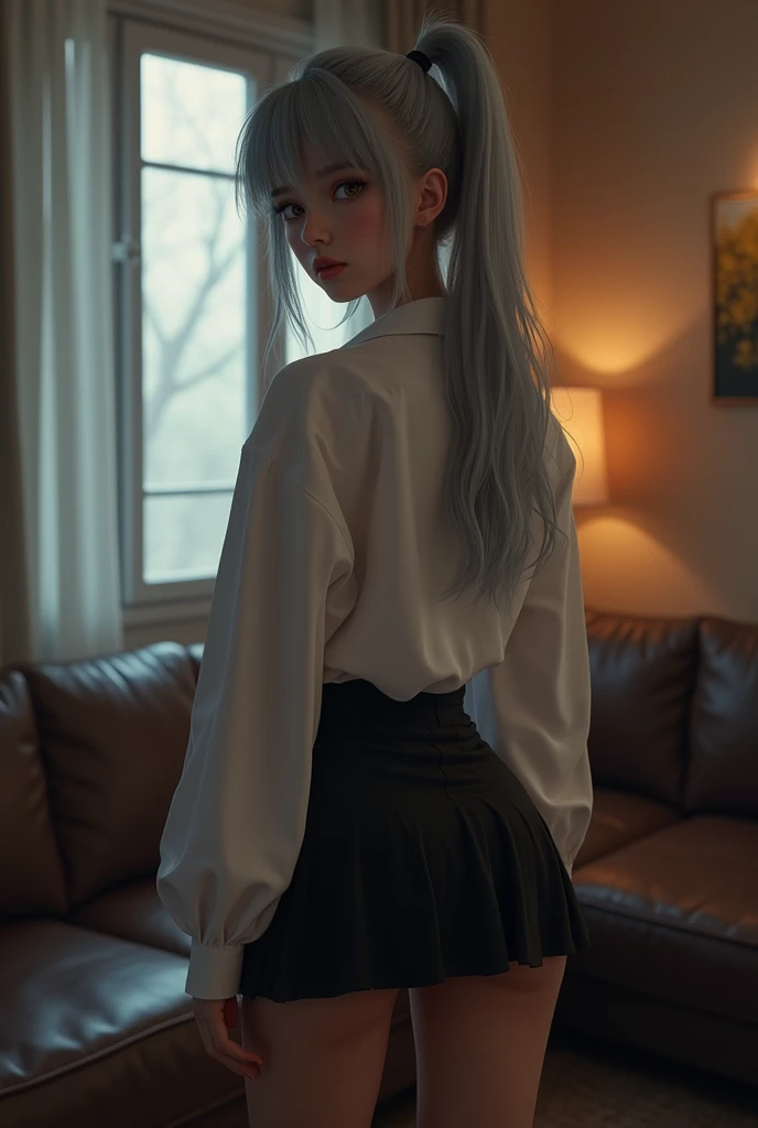1 transgender girl! ray tracing, best shadow, High resolution (dim lighting) detailed background (living room) fluffy silver hair, chubby and slender girl, high ponytail avoiding golden eyes in the ominous living room (girl in a white shirt, black wrinkled skirt, With black sheer pantyhose), Expressing a delicate, slim figure and graceful curves, The right limbs in the right position! Pay attention to the details of the position of the legs! Pay attention to the details of the hands! high quality! more qualified! reduce errors, Super detailed CG, A more rational image! Delicate finger details, and doing sex his self