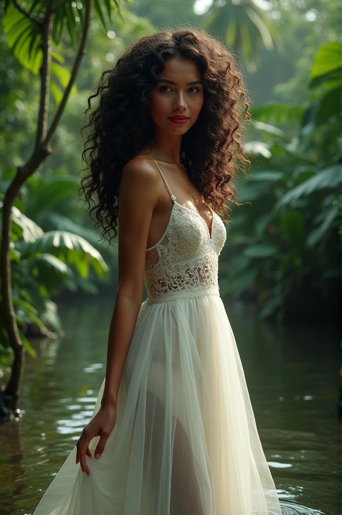 A girl in white long thin gown wet in water beautiful cutly hair dark skin red lips jungle and Damn cute smile realistic