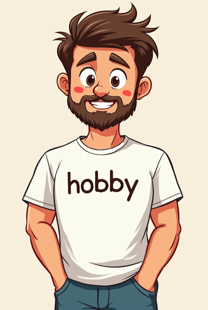 (8K resolution) Drawing of a cartoon boy with a cap, short, drawn beard, cotton t-shirt with the word hobby written on it.artistic, white skin and round brown eyes, thick eyebrows, 1,70 m 70 kg, age 38, average weight and muscular, small ears