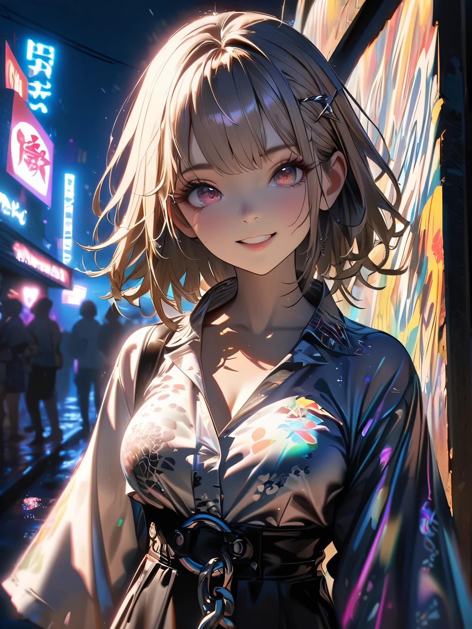1 girl, chromatic aberration, Written boundary depth, Soft Light, masterpiece, Highest quality, complicated, Tone Mapping, A place where fireworks are set off at festivals. Concept Art, Smooth, Clear focus, Dramatic lighting, Very cinematic, super practical painting, アートステーション's trending, 8k, Incredible Shadows, practical, whole body, View, Viewers, Portrait of a Girl 1, standing on street corner, Heavy rain and lightning、Dark Sky, neon and cyber punk background, she is dressed in punk clothing with silver chains and silver spikes, Her hair was dyed light brown..........Ominous aura of light, smile, punk, ciber punk, Backlight.Fashionable clothes、Friendly dress code: yukata.My breasts are a little big