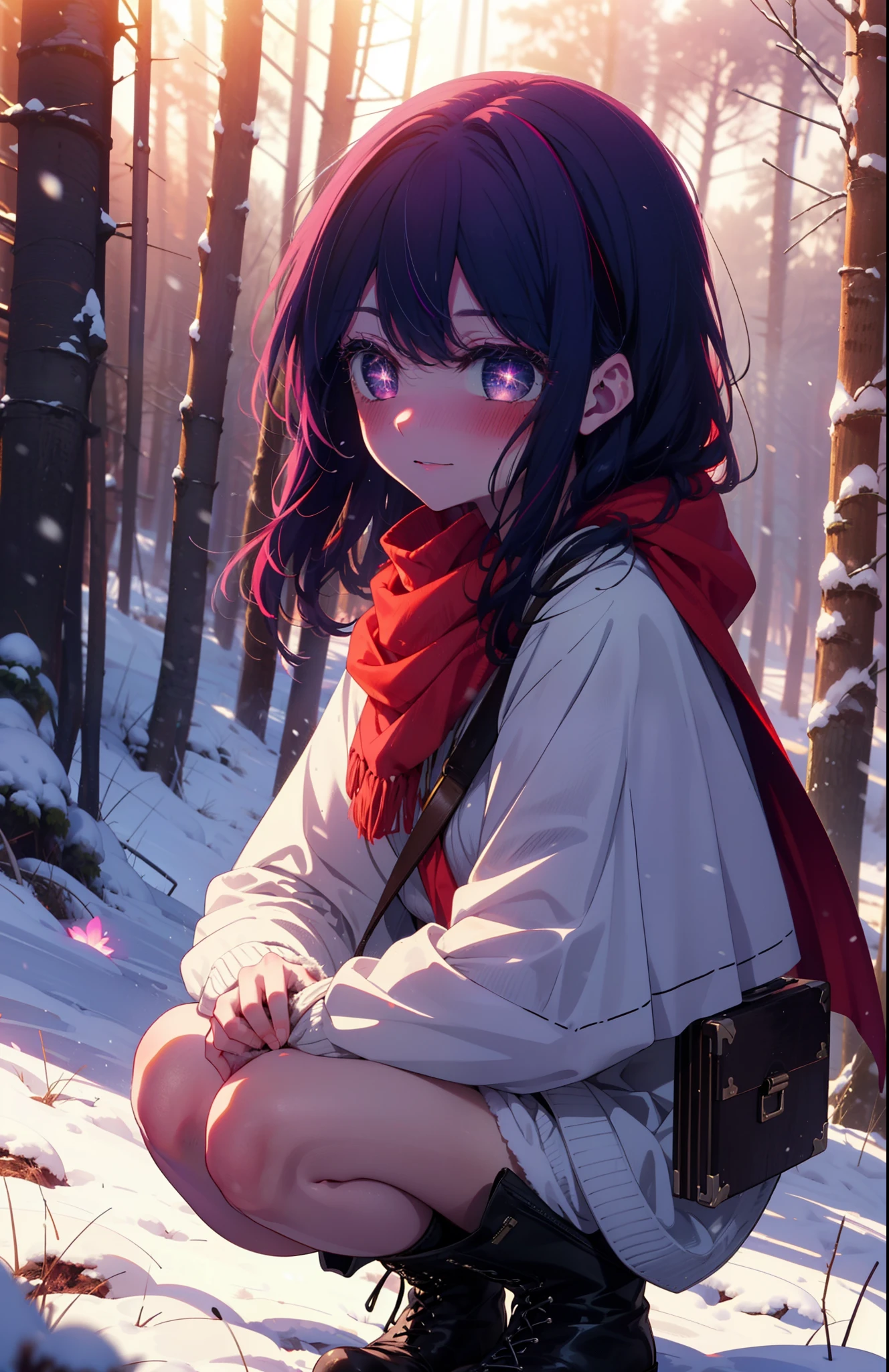 aihoshino, Ai Hoshino, Long Hair, bangs, (Purple eyes:1.1), Purple Hair, (Symbol-shaped pupil:1.5), smile,,smile,blush,white breath,
Open your mouth,snow,Ground bonfire, Outdoor, boots, snowing, From the side, wood, suitcase, Cape, Blurred, , forest, White handbag, nature,  Squat, Mouth closed, Cape, winter, Written boundary depth, Black shoes, red Cape break looking at viewer, Upper Body, whole body, break Outdoor, forest, nature, break (masterpiece:1.2), Highest quality, High resolution, unity 8k wallpaper, (shape:0.8), (Beautiful and beautiful eyes:1.6), Highly detailed face, Perfect lighting, Highly detailed CG, (Perfect hands, Perfect Anatomy),