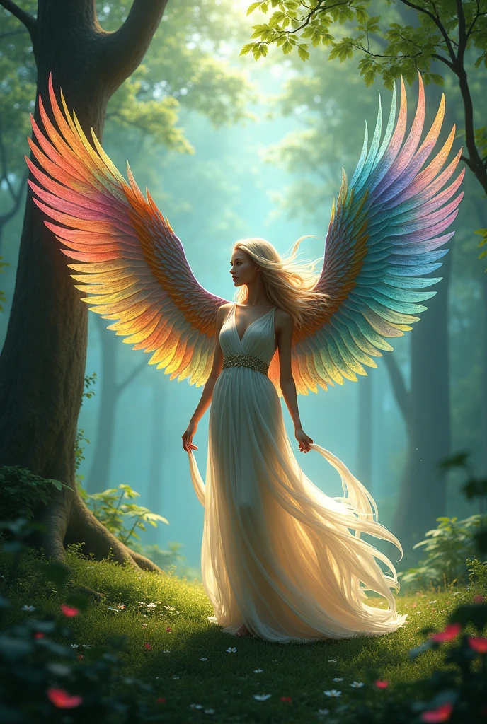 Create a having birds wings ,vivid wings , beautiful forest background, with a long dress