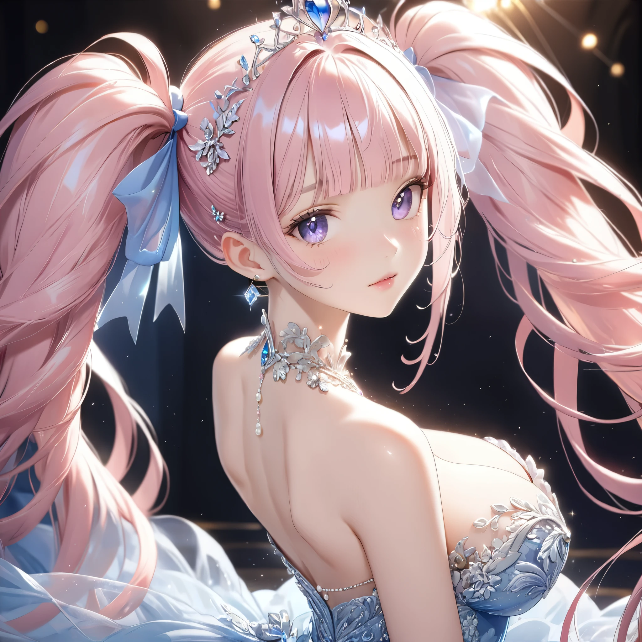 (8k, masutepiece, Best Quality, Official art, beautiful detailed, beautiful lighting, best masterpiece in history that exceeds limits), (1 Girl, solo), (sixteen years old), (beautiful detailed face), (shiny white skin), (Beautiful big bust, cleavage:1.2), (Beautiful detailed pink twintails hair, Bangs:1.3), (Beautiful Luxurious blue Princess Dresses, See-through intricate lace, cute bow ribbon, a lot of see-through frill, sheer chiffon material, silver thread, Diamond, pearl, corset), (Beautiful Luxurious Diamonds Tiara), breathtaking scenery, (Attractive, back), (Beautiful detailed back:1.3)