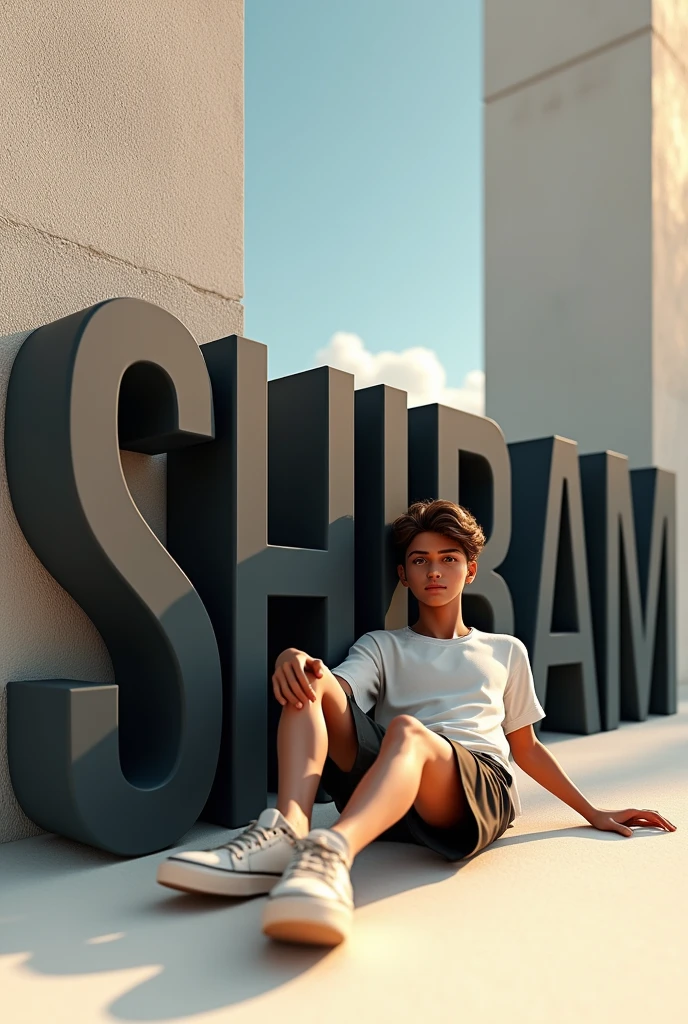Create a 3d scene with smart graphic and beautiful boy sitting casually back on the SHIBAM name in large 3d text black dress in trendy casual
