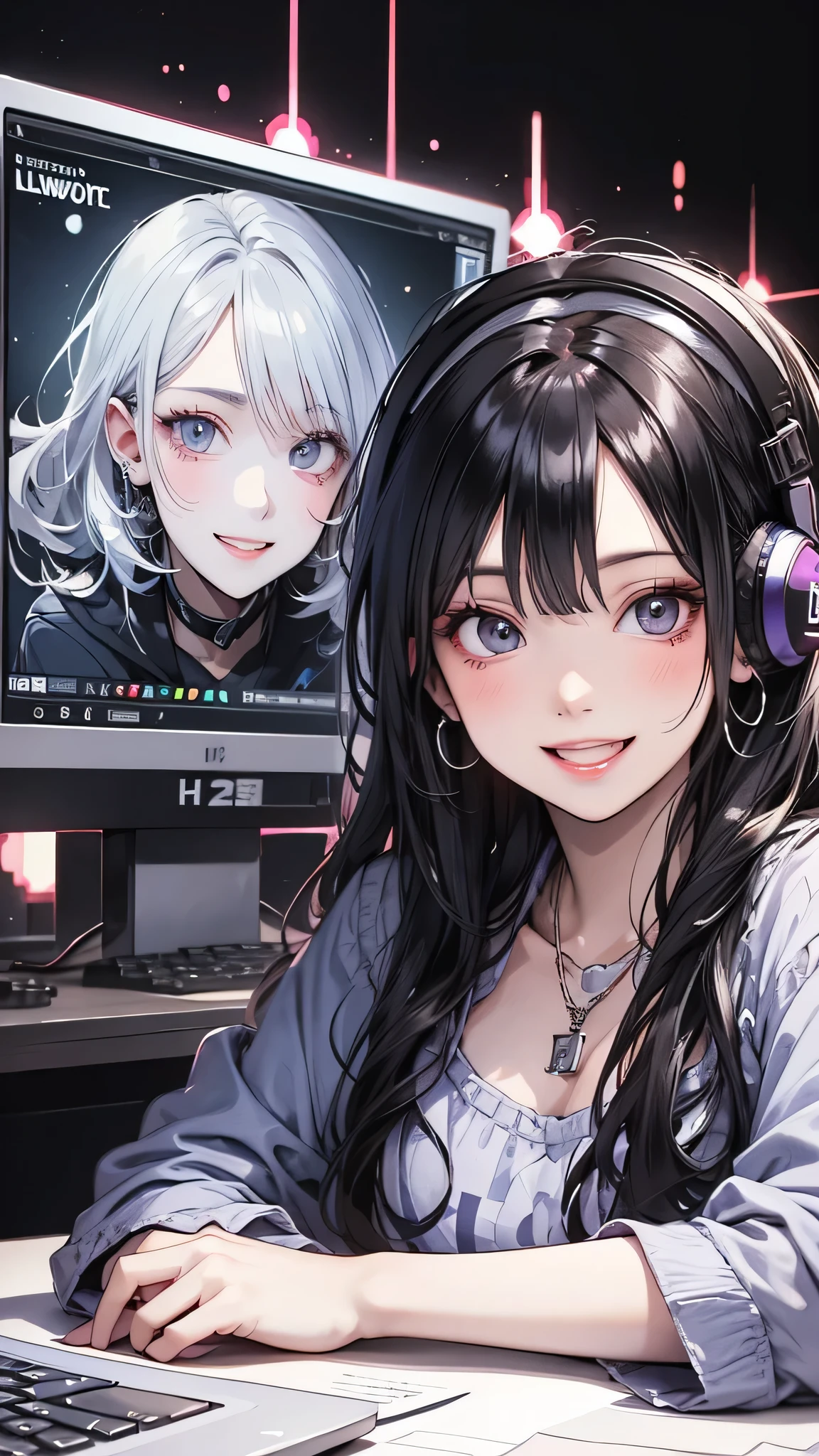 Woman sitting at desk, Sit in front of the microphone, Twitch Streamer, Twitch Streamer/Gamer Ludwig, Be interviewed, An accurate portrait, Taking the lead with a smile, H3H3, With a happy expression, Precise Representation, In front of the computer, Trend Art, Shutterstock, Studio shot, Very expressive, Realistic Anime, Drawn,