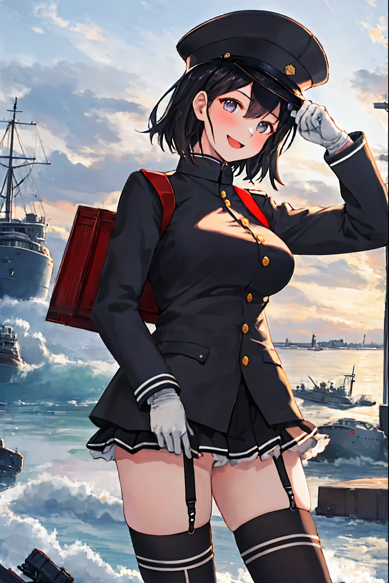 best quality, masterpiece, solo, {akitsu_maru_kantaicollection:1.15}, black_hair, short_hair, hat, peaked_cap, black_eyes, military, big_breasts, 1girl, black_headwear, looking_at_viewer,black_ military_uniform, uniform, military_hat, in_front_harbor_town_landscape_background, smile,(plump:0.7),,black_thigh-highs,joylight_open_mouth,white_skin