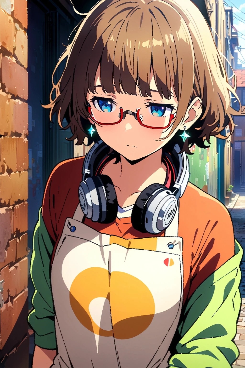 (extremely detailed fine touch:1.3), (((semi-rimless eyewear:1.3))), (wear headphones around neck:0.9), short hair, blunt bangs, extremely detailed girl, solo, from below, bent over, looking at viewer, seiza, yukata, smile, blush, holding one hand Earpick, Sliding Doors, night sky