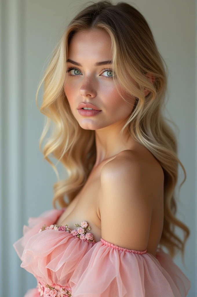 Blonde, small, green eyes, female, curly hair, thin eyebrows, elegant, round face, soft feminine features, rosy cheeks, plump lips, Beauty marks, photoshoot, model, beautiful pink flower dress, model