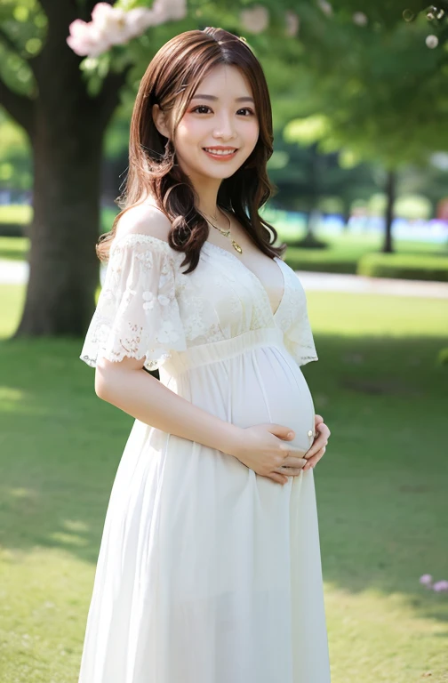 (Highest quality、masterpiece、8k、Best image quality、Award-winning works)、1. Princess、(最も贅沢なHighest qualityの巨大なティアラ:1.2)、(The ultimate tiara with a huge jewel:1.1)、(Huge Jewelry Top End Necklace:1.1)、(最も贅沢なHighest qualityの巨大なネックレス:1.2)、Walk in the park、(pregnancy:1.1)、(alone:1.1)、cowboy shot, (1 photo:1.1)、Cleavage、Open the chest、Large Breasts、Elegant maternity wear、See-through maternity wear、Lace ornament、Perfect Makeup、thin、The biggest smile is looking at me、Standing full body photo、(Perfect Anatomy:1.2)、Cherry blossoms in full bloom are blurred in the background,、big grass park、Refreshing atmosphere、very bright and vivid、Beautiful eyes in ultra-high resolution、Ultra high resolution perfect beautiful teeth、Ultra-high definition beauty face、Ultra HD beautiful hair、Perfect teeth alignment