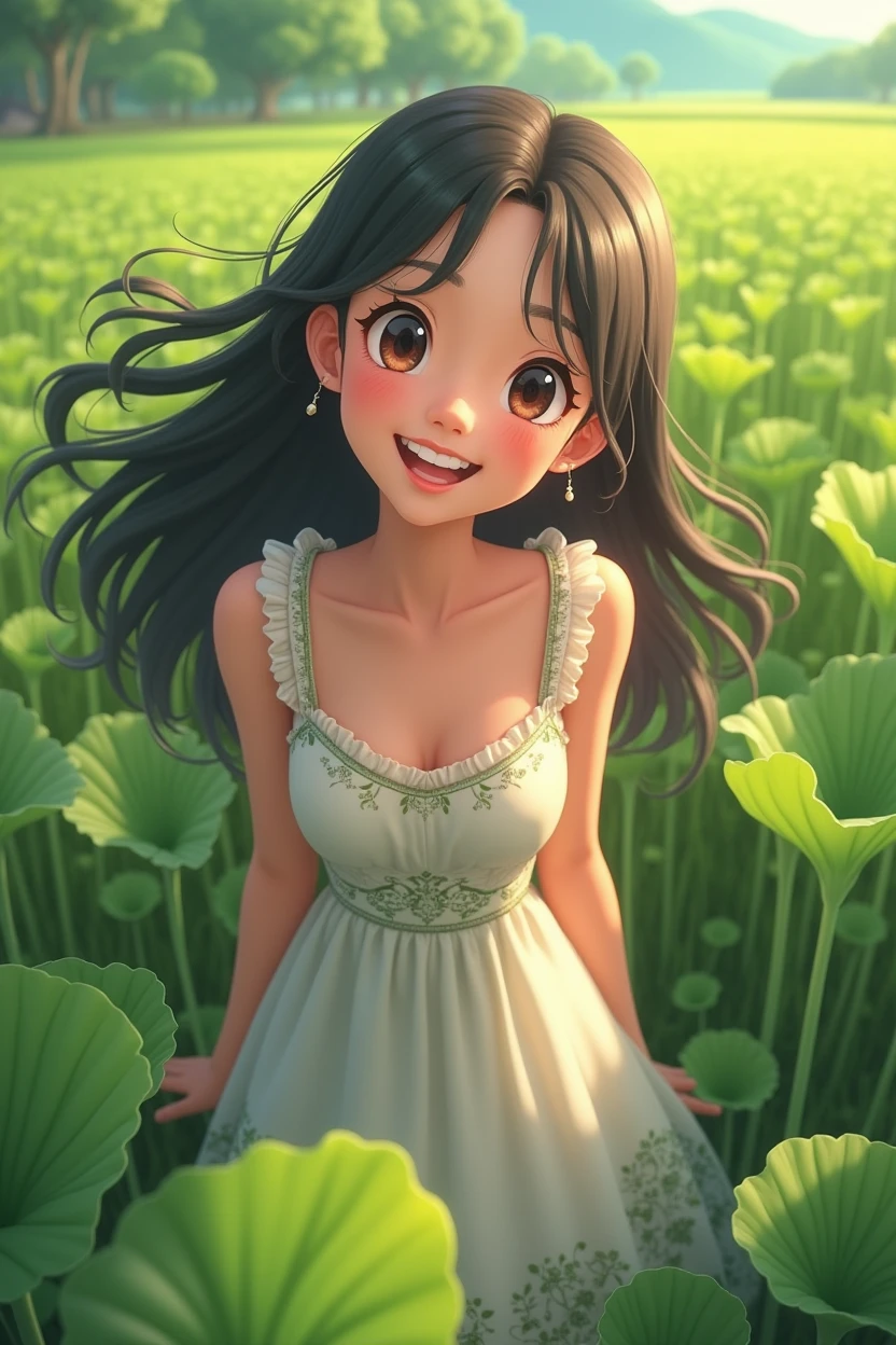 A 25-year-old girl，Wearing a white floral dress，Looking at the fields full of water spinach，Happy smile，Show your teeth，Anime style，Pixar style，Bird&#39;s eye view