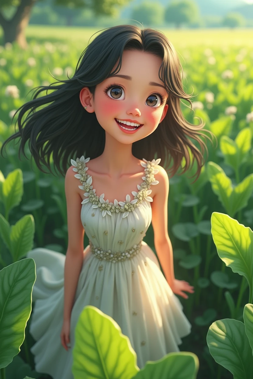 A 25-year-old girl，Wearing a white floral dress，Looking at the fields full of water spinach，Happy smile，Show your teeth，Anime style，Pixar style，Bird&#39;s eye view