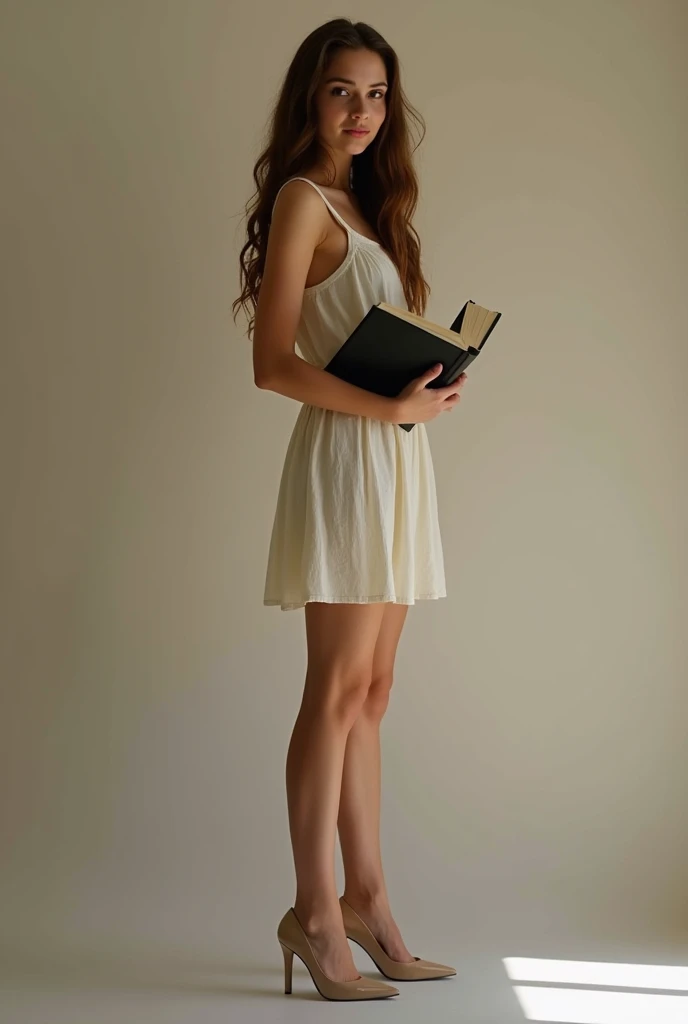 Beautiful shy teen girl with wavy long hair, simple dress, high heels, holding a book, pretty large boobs