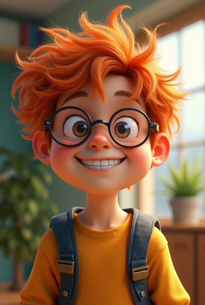 Orange messy hair wearing glasses, medium-long hair, , smiling