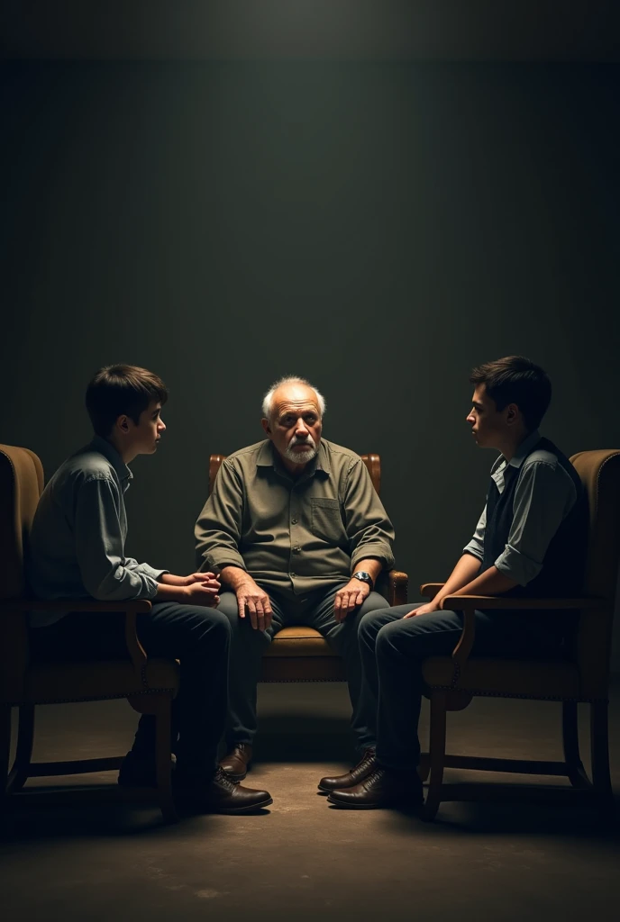 Old man is sittng on chair of dark room. One young man is sitting on chairs. The old man is talking to them. One young man brings tsble