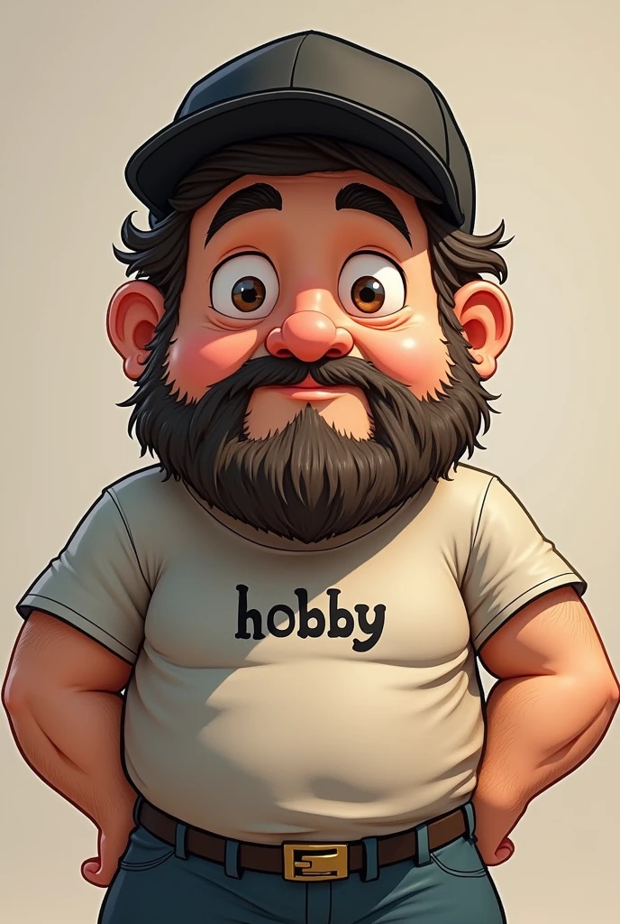 (8K resolution) Drawing of a cartoon boy with a cap, short, drawn beard, cotton t-shirt with the word hobby written on it.artistic, white skin and round brown eyes, thick eyebrows, 1,70 m 70 kg, age 38, average weight and muscular, small ears, wearing black hat, Oval face