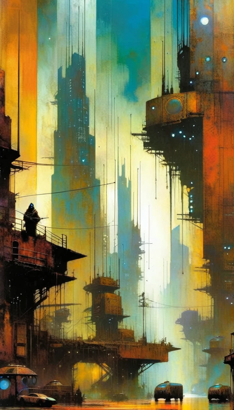 futuristic city,rusty metal , art inspired by Bill Sienkiewicz and dave mckean