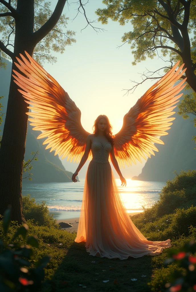 Create a having birds wings ,vivid wings , beautiful forest background, with a long dress at a beach during sunrise